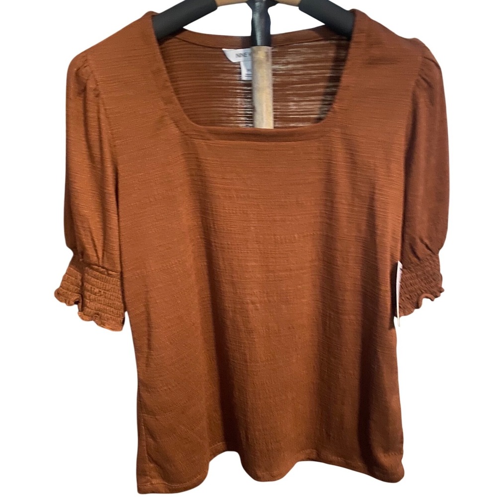 Nine West Womens Rust Brown Square Neck Smocked Puff Sleeve Blouse Medium NEW
